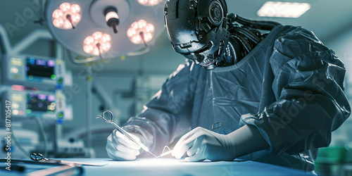  A cyborg doctor performs delicate surgery their metal hands holding cutting scalpel patient. photo