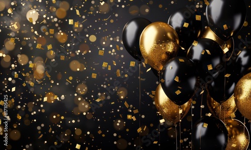 gold and black balloons wallpaper with amazing depth and realism, confetti festive ambiance