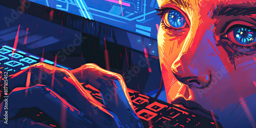 A Netrunner, eyes glued to their monitor, hands flying across the keyboard as they navigate the digital realm