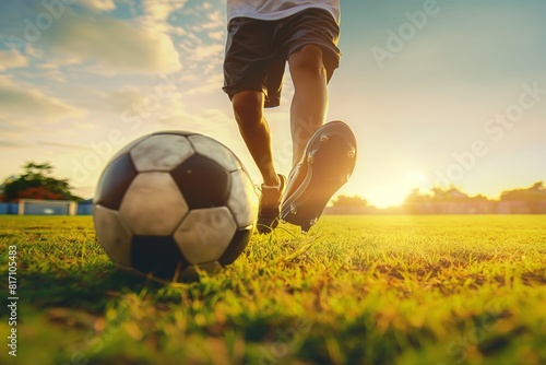 Feet in soccer cleats kicking soccer ball on grass field during sunset photo