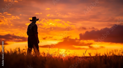 Farmer Watching Stunning Sunset in Open Field During Dusk in Countryside © Yury