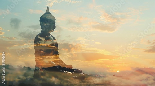 Buddha statue   buddha statue and silhouette sky with double exposure AI generated