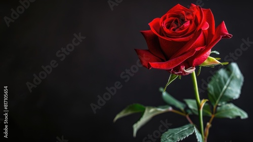 A vivid red rose stands out against a dramatic black backdrop