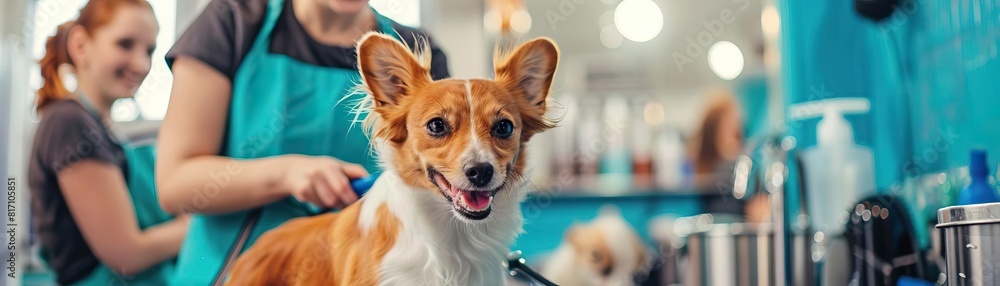 Cheerful and lively editorial image of a pet grooming session, showcasing happy pets and enthusiastic groomers in a clean, welcoming environment Cheerful and lively editorial image of a pet grooming session, showcasing happy pets and enthusiastic groomers in a clean, welcoming environment