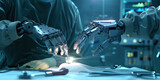  A cyborg doctor performs delicate surgery their metal hands holding cutting scalpel patient.