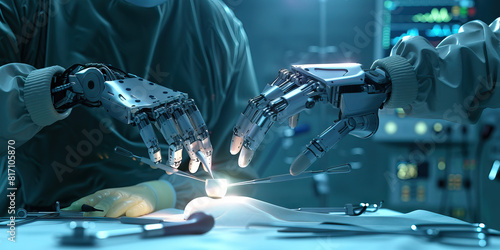  A cyborg doctor performs delicate surgery their metal hands holding cutting scalpel patient. photo