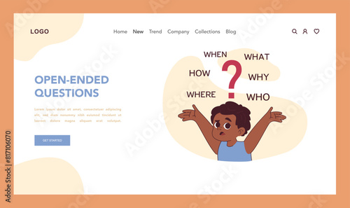 Open-ended questions concept. Inquisitive boy surrounded by queries