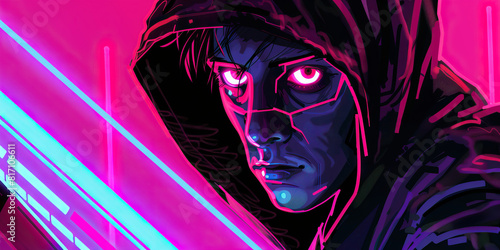 An iconic cyberpunk hacker, hoodie tightly wrapped around their head and neon-lit keyboard