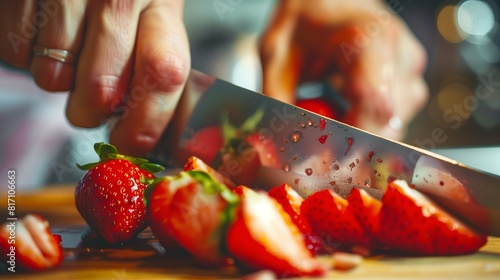 Morgenritual: Erdbeeren schneiden für Müsli photo