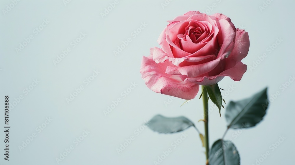 An exquisite pink rose stands alone against a pure white backdrop An exquisite pink rose stands alone against a pure white backdrop