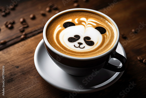 Cup of coffee with latte art, milk foam panda bear illustration. Cozy atmosphere. Cup of handcrafted cappuccino on wooden table for coffee lovers.