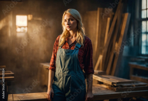 Portrait of a blonde female carpenter in a atelier - AI generated