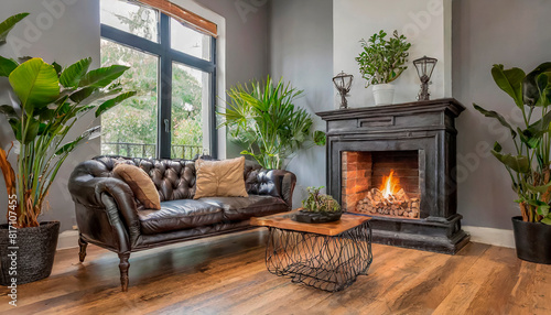 diseño salon con sofa y chimenea negros