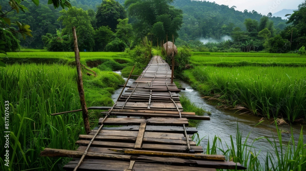 Rustic wooden footbridge crossing a tranquil stream flowing through rice paddies, surrounded by lush greenery. Rustic wooden footbridge crossing a tranquil stream flowing through rice paddies, surrounded by lush greenery.