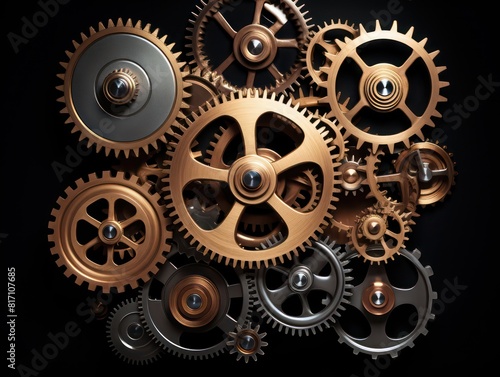 metallic gears of simple mechanism on a black background