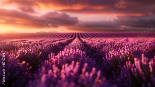 Beruhigende Abendstimmung  Lavendelfeld unter goldenem Himmel