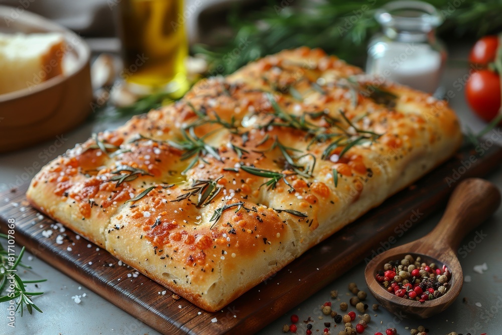 Focaccia: A loaf of focaccia bread with a golden crust, sprinkled with rosemary and sea salt, with visible olive oil glistening on the surface. Focaccia: A loaf of focaccia bread with a golden crust, sprinkled with rosemary and sea salt, with visible olive oil glistening on the surface.