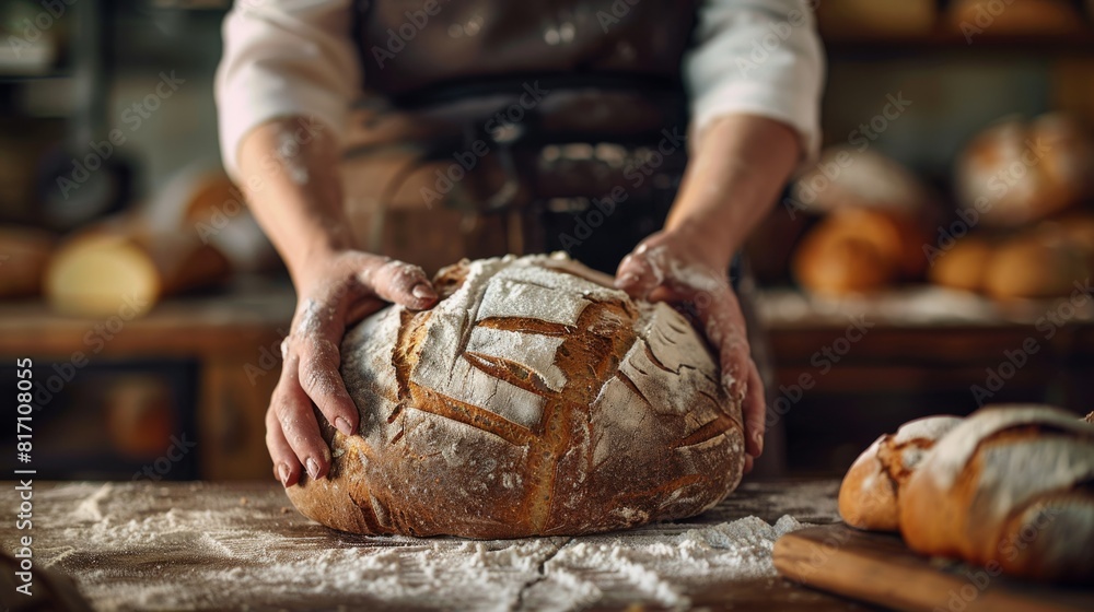 A Baker Presenting Fresh Bread A Baker Presenting Fresh Bread