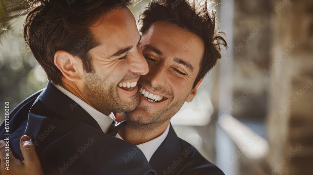 Two men in blue suits smiling and touching foreheads, captured in a warm, outdoor setting with soft sunlight. Two men in blue suits smiling and touching foreheads, captured in a warm, outdoor setting with soft sunlight.