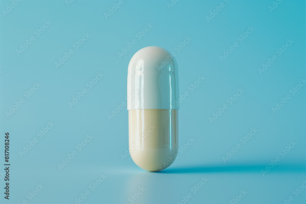 Close-up of a single capsule pill on a blue background, symbolizing modern healthcare and pharmaceutical treatment. Close-up of a single capsule pill on a blue background, symbolizing modern healthcare and pharmaceutical treatment.