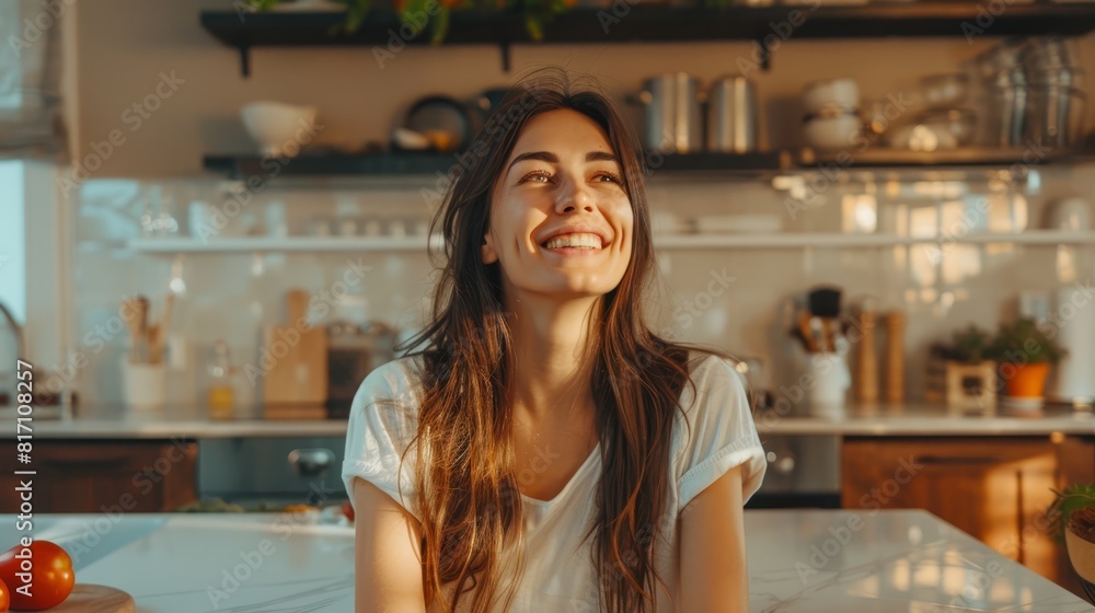 Young woman smiling in kitchen, ideal for healthy lifestyle and home cooking content. Young woman smiling in kitchen, ideal for healthy lifestyle and home cooking content.