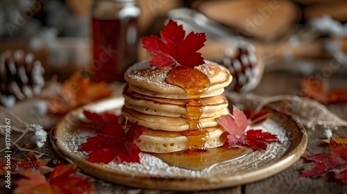 A stack of pancakes topped with maple syrup on a plate photo