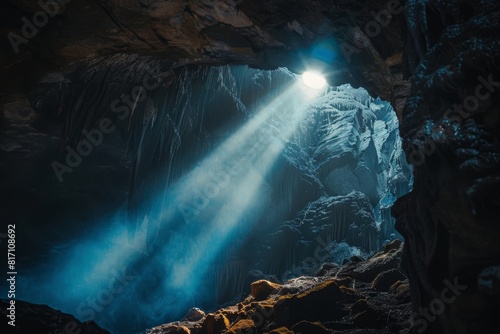 Thrilling Cave Exploration: Flashlight Beam Illuminates Mysterious Cave Entrance