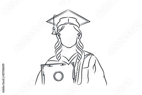 Woman with graduation cap holds her diploma line hand drawn sketch vector portrait illustration