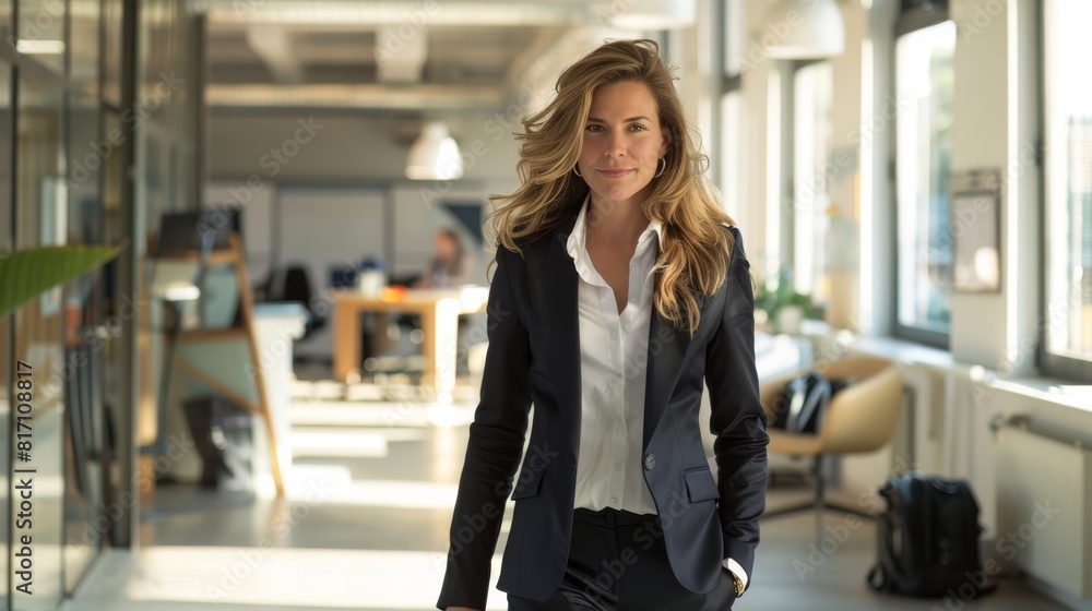 Confident businesswoman walking indoors, ideal for business, leadership, and professional content. Confident businesswoman walking indoors, ideal for business, leadership, and professional content.