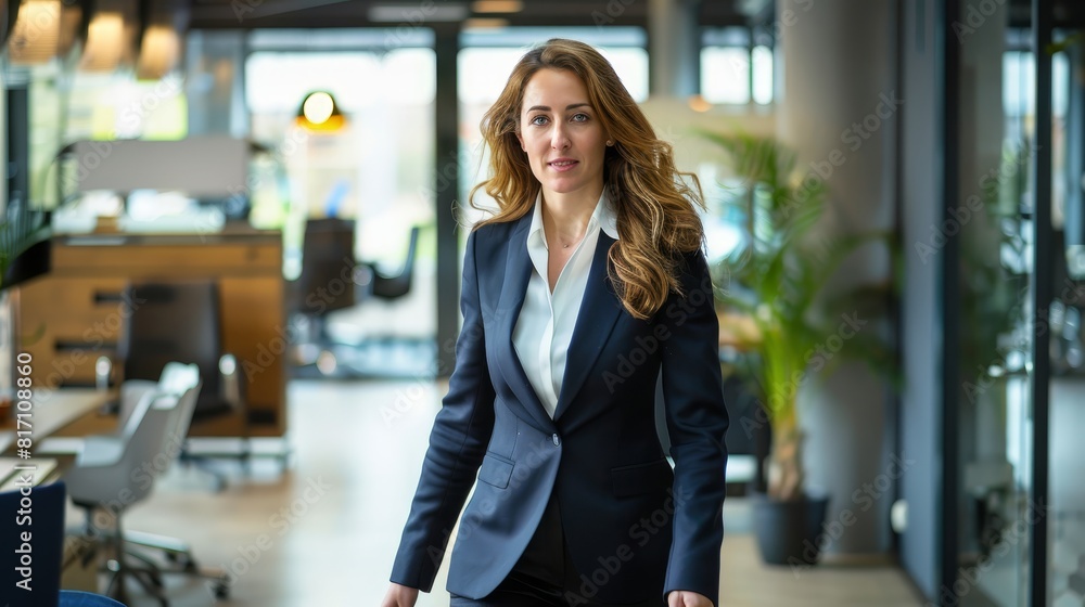 Confident businesswoman walking indoors, ideal for business, leadership, and professional content. Confident businesswoman walking indoors, ideal for business, leadership, and professional content.