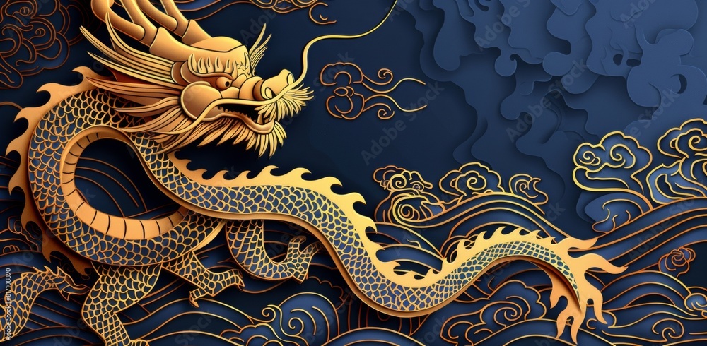 A golden dragon with its head raised, hovering on the sea surface in an auspicious cloud pattern style. The background is dark blue and navy blue, with geometric shapes. It has a papercut artistry. A golden dragon with its head raised, hovering on the sea surface in an auspicious cloud pattern style. The background is dark blue and navy blue, with geometric shapes. It has a papercut artistry.