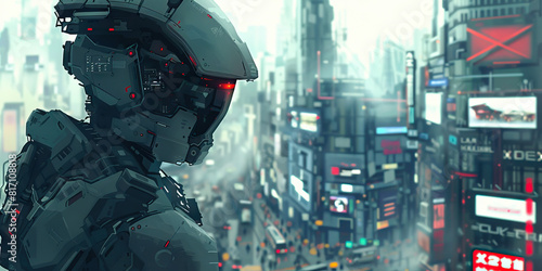A Cybernetically Enhanced Warrior Overlooks the Thriving Neon Cityscape: Technological Pinnacle of the Cyberpunk Era photo