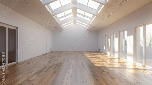 interior wallpaper of an empty room with wood flooring and visible skylights © marco