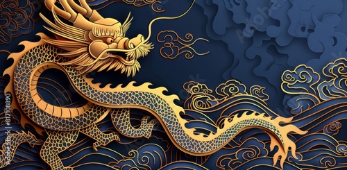 A golden dragon with its head raised, hovering on the sea surface in an auspicious cloud pattern style. The background is dark blue and navy blue, with geometric shapes. It has a papercut artistry.