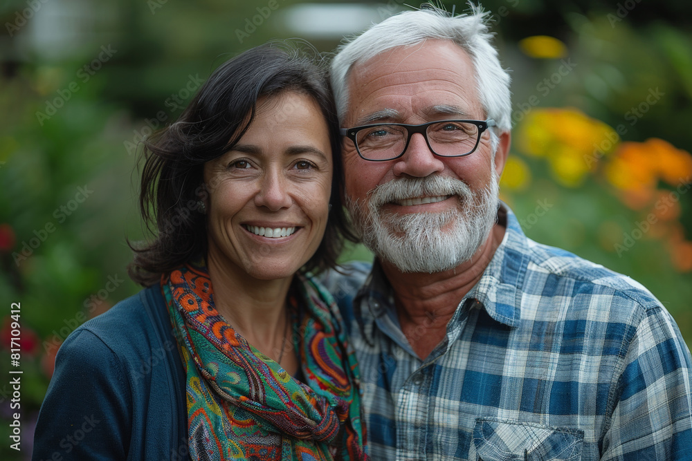 Fototapeta premium An older couple is standing together in a garden, smiling for a photo