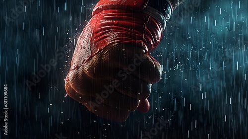 Dramatic Boxing Match Banner with Clenched Fist in Red Bandage Under Rain photo