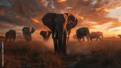 A herd of elephants in the savannah at sunset, with one elephant leading and the others following behind it, symbolizing community