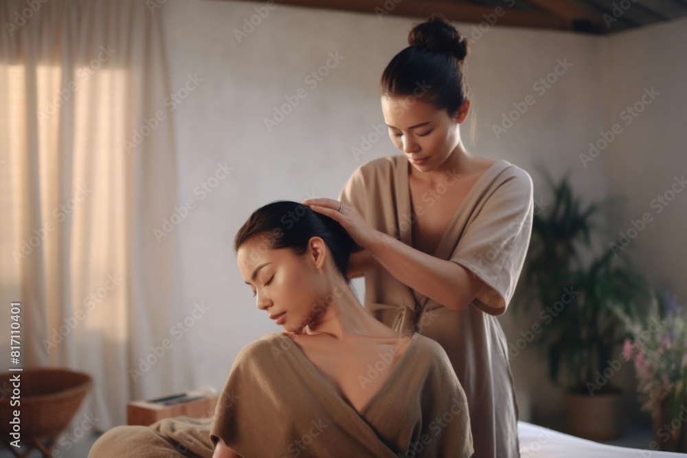 Portrait of a beautiful Asian masseuse giving a massage to a female client sitting on the bed at the spa. She is relaxed and is enjoying the treatment Portrait of a beautiful Asian masseuse giving a massage to a female client sitting on the bed at the spa. She is relaxed and is enjoying the treatment