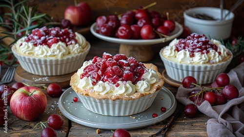  Close-up shot of cherry pie on plate with cherries as side; bowl of cherries in background