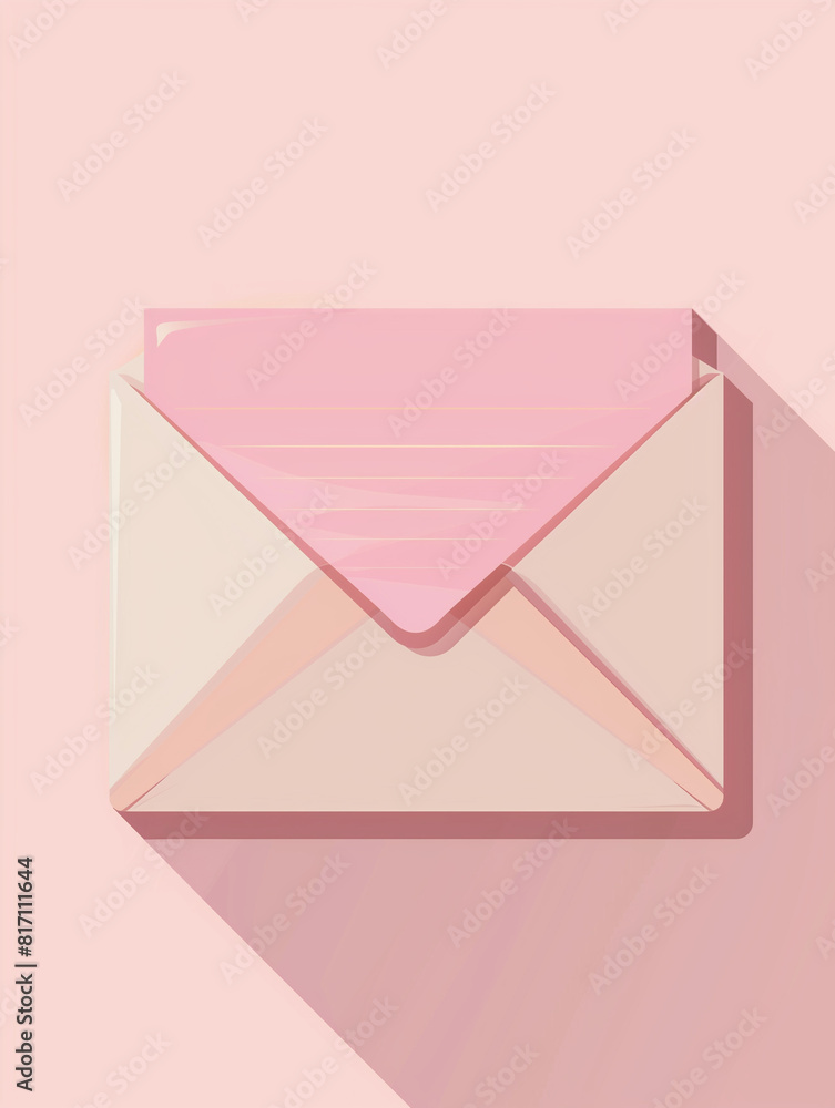 A vector illustration of an envelope with pink paper inside, in the flat design style, with a simple and clean design, on a pink background, in a minimalistic style, with soft shadowing, no gradient s A vector illustration of an envelope with pink paper inside, in the flat design style, with a simple and clean design, on a pink background, in a minimalistic style, with soft shadowing, no gradient s