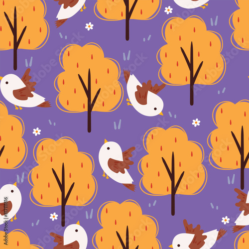 seamless pattern cartoon bird with tree and leaves. cute animal wallpaper illustration for gift wrap paper
