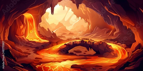 Cartoon volcano cave with lava unstable bridge over magma river rocky walls. Concept Adventure, Cartoon, Volcano, Cave, Unstable Bridge photo
