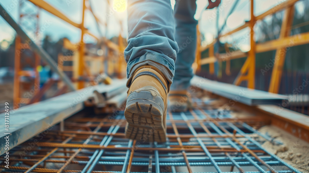 Close up of worker walking on metal platform at construction site Close up of worker walking on metal platform at construction site
