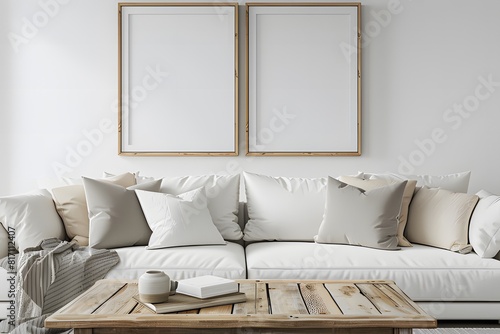 white sofa with grey and beige pillows against the wall with two blank frames for mockups ai generative