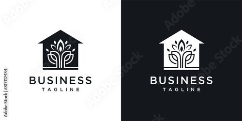 Green house nature logo design, leaf concept at home. inspirationAbstract leaf house logo