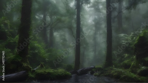 Trees in the fog. The smoke in the forest in the morning. A misty morning among the trees. 3D rendering. generative.ai