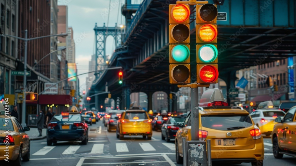 Obraz premium Traffic light at a busy intersection with an overpass above, capturing the complexity of urban traffic management.