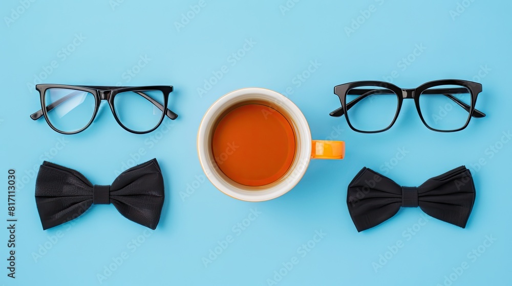 Fototapeta premium Elegance Unleashed: Tea, Glasses, and a Bow Tie on Blue