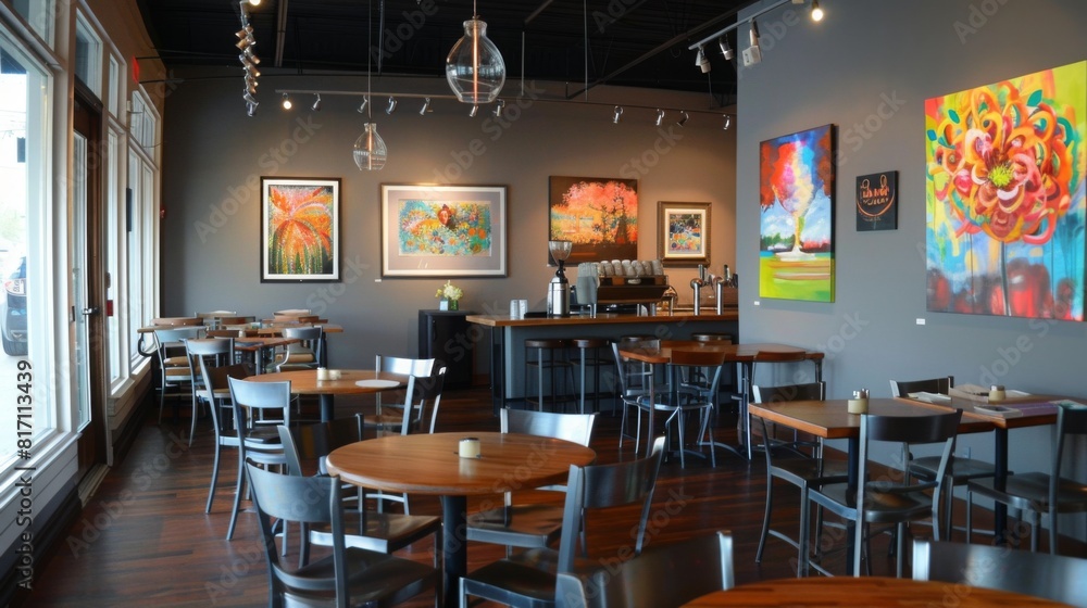 A stylish cafe with modern decor and wooden tables features vibrant paintings on the walls and natural daylight from large windows. A stylish cafe with modern decor and wooden tables features vibrant paintings on the walls and natural daylight from large windows.