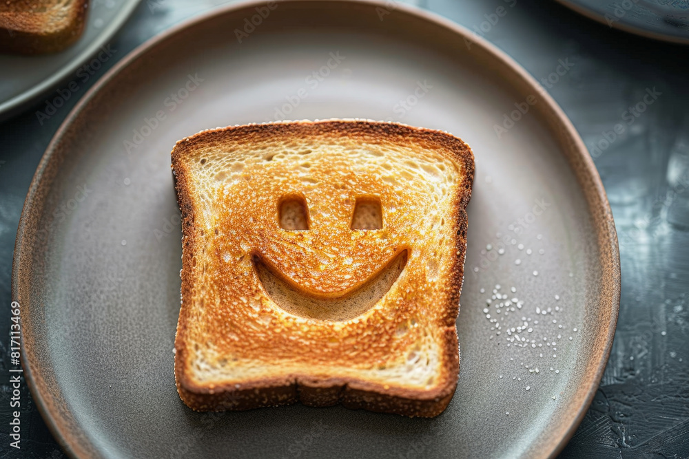 Fototapeta premium A slice of toast featuring a smiley face burnt onto it, creating a cheerful breakfast scene